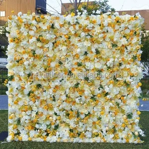 Yellow Cloth Fabric Roll Up Wedding Decoration Rose Flowers Wall Backdrop Artificial Wall Panels With Green Leaves