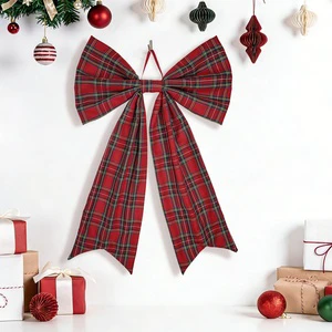 New Cross-border Christmas Decoration Red Plaid Polyester Fabric Large Bow Tie Ribbon Holiday Decoration Christmas Tree Hanging