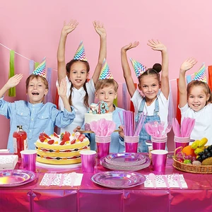 Iridescent Pink Party Supplies Decorations 25pcs, Paper Plates and Napkins Cups Knives Spoons Fork for Birthday Graduation Party