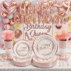 Hot Sale Rose Gold Birthday Party Decoration Theme Disposable Paper Plate Balloon Set Tableware Set Party Decorations