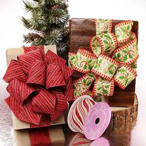 Christmas Prints & Patterned Natural Wired Ribbons Burlap Material for Gift Wrapping