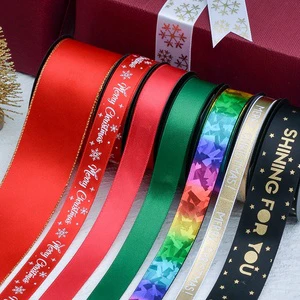 Ribest Christmas Crafts Tree Decorations Packing Gifts Grosgrain Ribbon With Logo Printed Custom Wholesale