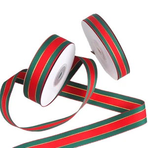 Hot Double Face Eco-Friendly 100% Polyester Christmas Bow Ribbon Custom Gold Printed Grosgrain Jacquard Garment Use THREEATONE