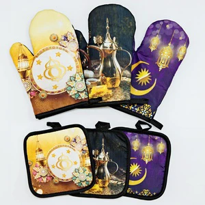 2pcs Eid Mubarak Baking Anti-Hot Gloves Pad Kitchen Mat Ramadan Mubarak Decorations Islamic Muslim Ramadan Kareem Party Supplies