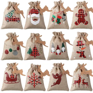 Custom Printing Logo Santa Reindeer Christmas Ribbon Drawstring Bag Packaging for Xmas Candy Bag