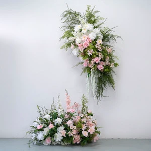 Forest Style Green Pink Artificial Florals for Wedding Decor Floor Flower Rows Wall Hanging Florals Wedding Wall Ornaments