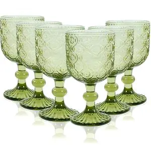 Green Wine Goblets Vintage Glassware Drinking Glasses Embossed Pattern Stemmed Cups for Wedding Party