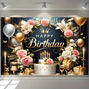 Hot Sale Factory Background Banner for Parties Platinum Balloon Flowers Cake with Digital Printing Happy Birthday Decor Supplies