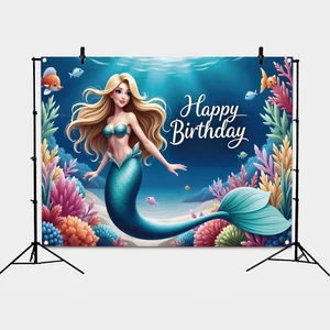 Custom Birthday Party Decoration Wall Banner 82x59in Large Mermaid Birthday Party Picture Banner for Party Backdrop Decorations
