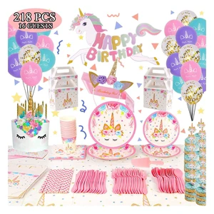 LEMON Unicorn Party Supplies Decoration Pink Banner Cake Topper Girl Tableware Spoons Plates Tablecloth,Cups,Straws,Napkins