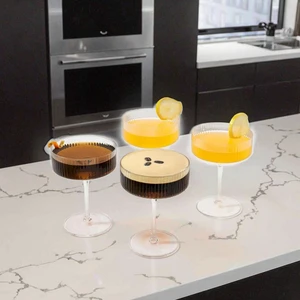 10oz PC Plastic Ribbed Long Stem Cocktail Glasses Martini & Margarita Wine Glasses for Bar Wedding Parties