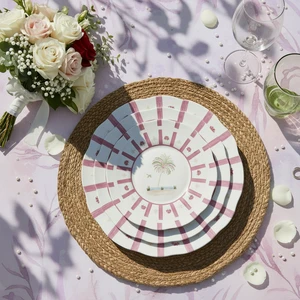 Hand Painted Pink Ceramic Dinner Plates with Palm Tree Tableware Set for Beach Wedding Home Dining Party Table Decor