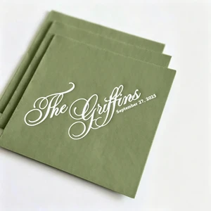 Personalized Custom High Quality Sage Green Disposable Paper Cocktail Wedding Napkins with Monogram