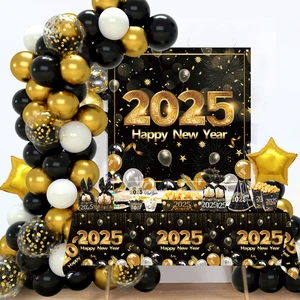 Black Gold New Year Party Decorations Set Includes Balloons Arch Garland Kit Photography Backdrop Paper Hat Gift Bag Birthday