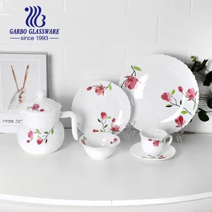 Food Grade Tempered White Opal Glass Dinner Set glassware Flat Plate Dish Bowl and Teapot Dinner Set of 26pcs 28pcs 33pcs