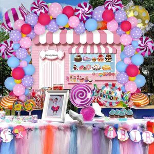 128 Pack Candy Party Decorations Set - Candy Backdrop Lollipop Balloon Cupcake Topper Party Latex Balloon Garland Arch