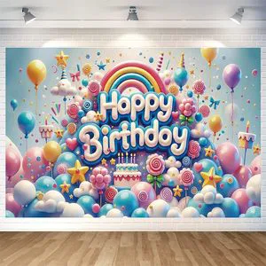 New 2026 Happy Birthday Banners Cute Pink Rainbow Purple Photography Background Girl Sweetheart Family Outdoor Party Decoration