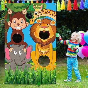 Toss Games Clown Banner with 3 Bean Bags Jungle Animals Clown Dinosaur Theme Bean Bag Toss Game for Carnival Party Activities