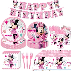 10 Guests Pink Minnie Mouse Birthday Party Decorations Supplies Serves With HBD Banner Table Cover Disposable Dinner Plates Kit