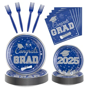2026 New Year Graduation Party Tableware Set Blue Silver Paper Plates Cups Towels Balloons Party Decorations
