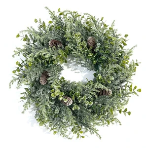Christmas Holiday Front Door Hanging Party Twig Wreath Ornament Artificial Eucalyptus Pinecone Wreath Decoration