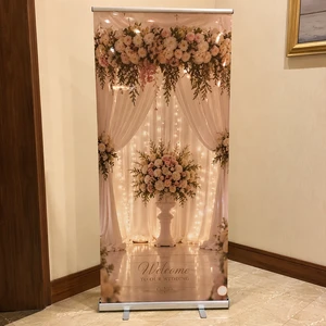 Stylish Gold Silver Aluminum Roll up Banner Display Portable Lightweight for Wedding Ceremony Photo Booth Backdrop Decoration