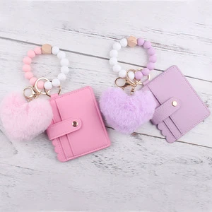 Hot Sale High Quality Holiday Giveaways Plush Ball Keychain with Card case Car Pendant Silicone Beads String Party Favors
