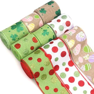 High Quality Festiva 6.3cm Easter Egg Pattern Wired Burlap Ribbon for St.Patrick Easter Decor 10 Yards/Roll