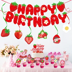 Strawberry-Themed Happy Birthday Party Decoration Set Pulling Cake Flag Insertion Spiral Tableware & Table Decorations