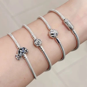 925 Sterling Silver Mickey Bracelet Heart Zircon Snake Chain Jewelry for Women Animal Bracelet Gift PAN Jewelry DIY Charm Beads
