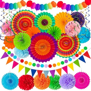 Birthday Party Decoration Set Balloon Paper Fan Garland Black Gold Pink Gold Blue Silver
