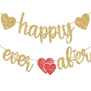 Gold Glitter Heart Shaped Cardstock Banner 10 Feet Happily Ever Bridal Wedding Shower Engagement Party Decorations