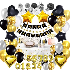 Black Gold Birthday Party Dinnerware Set Plates Cups Napkin Tablecloth Cake Topper Banner Star Garland Pom Poms Balloon Supplies
