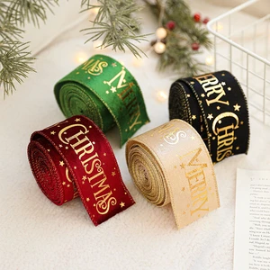 Festive Velvet Ribbon with Merry Christmas Print Wire Edge Perfect for Home Decor
