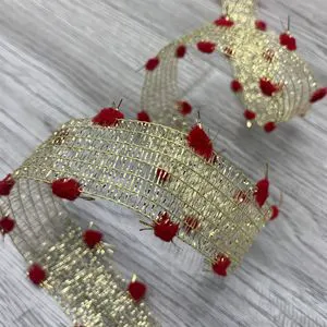 Glitter Christmas Ribbon - Fur Ball Edge Golden Metallic Ribbon for New Year and Festive Decor