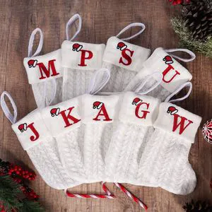 Customized White Snowflake Alphabet Christmas Stocking 26 Letters Gift Knitted Stockings for Christmas Home Party Decoration