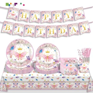 Pink Butterfly Flower Theme Disposable Tableware Paper Plate Tablecloth Napkin Flag Knife Fork Spoon for Girl Birthday Party