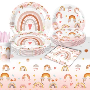 New Bohemian Rainbow Theme Birthday Party Banner Paper Plate Cup Tissue Tablecloth Set Tableware Set