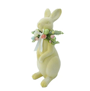 Top Grace Set of 2 Flocked Easter Bunny Rabbits Sitting Yellow & Purple