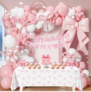 85pcs Pink Bow Themed Balloon Garland Arch Kit Birthday Banner and Tablecloth Birthday Party Decorations Baby Shower Supplies