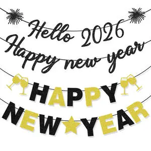 Hello 2026 Happy New Year Banner Christmas Party Flag Banners with Champaign Bottle Home Party Background Decor