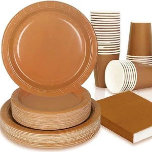 Light Brown Disposable Tableware for Birthday Parties-Solid Color Paper Plates Towels Knife Spoon Set Party Table Decorations