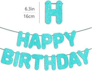 Happy Birthday Banner Teal & Turquoise Glitter Waterproof Indoor/Outdoor Party Decorations for Valentine's Day