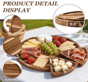 Round Charcuterie Boards with 6 Detachable Pizza Trays Acacia Wooden Decor Tray Coffee Table Tray for Bathroom Kitchen Counter