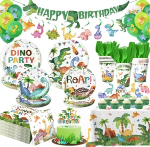 Dinosaur Birthday Party Plates Cups Napkins Table Cloths Tableware Banners Swirls Garland Cake Cupcake Toppers Balloons Supplies