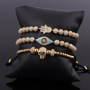 Renting Jewelry New Design Luxury CZ Pave 18 Gold Plated Skull Eye Hand Charms Women Men Macrame Adjustable Bracelet