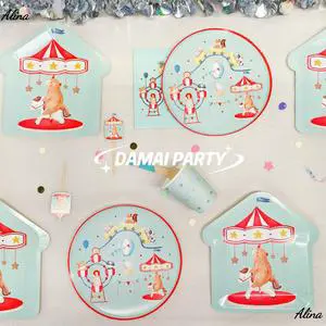 DAMAI Circus Animal Kids Birthday Party Supplies Amusement Park Disposable Party Tableware Paper Bags Cake Toppers Cups Plates