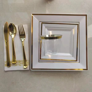 Dinnerware Set for 25 Guests White and Gold Rim Square Plastic Plates Disposable Heavy Duty for Party