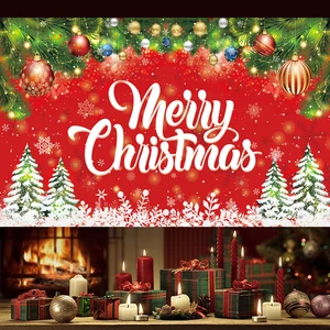 Cheerful Christmas Party Backdrop Polyester Banner Featuring Red Backdrop Green Pine Leaves Snowflakes and Colorful Decorations