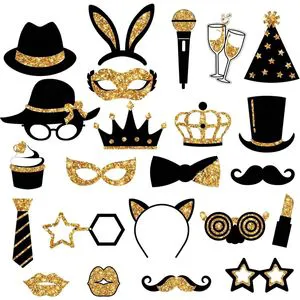 24-Piece Golden Photo Booth Props Set With Hats Masks Bow Ties For Parties Weddings Graduations Proms Christmas